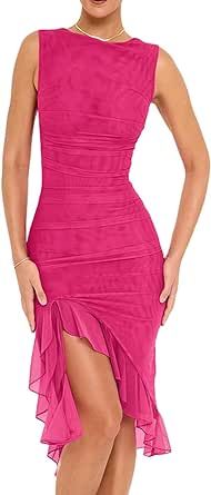 Women's Midi Bodycon Dress Summer Sleeveless Ruffle Mermaid Dress Cocktail Party Tank Dresses for Wedding Guest