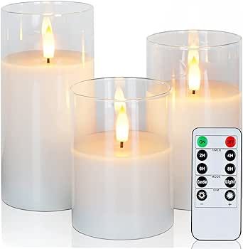 Amagic Clear Glass Flameless Candles Battery Operated with Timer, Remote Control, LED Pillar Candles Battery Powered, Pure White Wax, D3 H4 5" 6", Set of 3