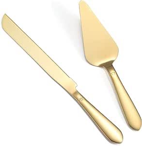 Cake Cutting Set for Wedding, Elegant Knife and Server with Thickened Stainless Steel Rounded Edges, Cutter Pie Spatula Birthday Anniversary Christmas Gift of 2, Gold
