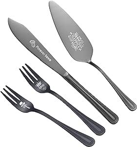 4 Piece wedding cake knife and server set, cake cutting set for wedding Engagement Bridal Shower Gifts for Couples (Black)