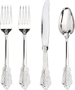 WDF 200 Pieces Silver Plastic Silverware Disposable - 50Guests Silverware Plastic Cutlery - Plastic Utensils Includes 100 Forks, 50 Spoons, 50 Knives Perfect for Wedding or Party