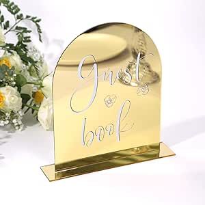 UNIQOOO 10 Pack Acrylic 8x10 Gold Mirror Arch Table Sign for Wedding with Holders, 1/8 in Thick, DIY Blank Arch Sign Sheet Perfect for Decoration, Party,Anniversary, Event, Stand Included