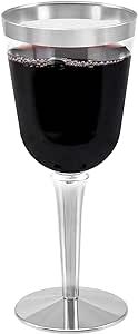 BloominGoods 50 Silver Rimmed Disposable Plastic Wine Glasses | Large 10 oz. Premium Clear Hard Plastic Fancy Wine Cups for Weddings & Events (50-Pack)