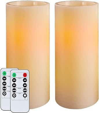 Homemory 9" x 3" Flameless Candles Battery Operated, Flickering LED Pillar Candles with Timers and 2 Remote Controls, Indoor Only, Flat Top, Ivory White Wax, Set of 2