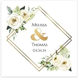 White Floral Wedding Personalized Beverage Napkins / 100 Custom Cocktail Napkins/Elegant Lush Botanical Design/Bridal Shower Party Decor