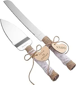 TANG SONG Rustic Style Stainless Steel Wedding Cake Knife and Serving Set Resin Plastic Handle with Twine Heart Love Wood Tag and Burlap Lace Design