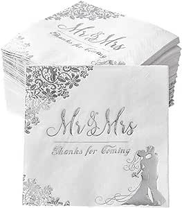 Silver 100 Pcs Wedding Napkins for Reception Mr and Mrs Wedding Cocktail Napkins, Disposable Napkins for Wedding, Engagement, Bridal Shower Party Decorations