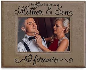 KATE POSH The Love Between a Mother & Son is Forever Engraved Leather Picture Frame, Mother of The Groom, Best Mom Ever, First Mother's Day, Mommy & Me Gifts (4" x 6" Horizontal)