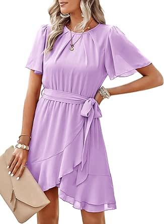Dokotoo Womens Summer Dresses 2024 Crewneck Short Sleeve Waist Tie Ruffle Casual Chiffon A-Line Swing Mini Dress