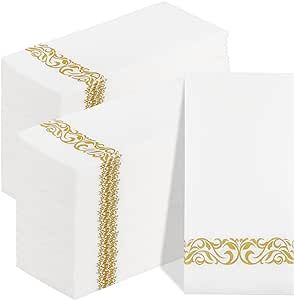 200 PCS Gold Napkins Disposable Hand Towels, Soft and Absorbent Linen Feel Dinner Napkins, White and Gold Paper Napkins, Elegant Decorative Paper Guest Towels for Kitchen Bathroom Wedding Party