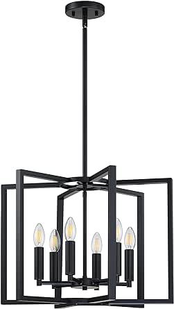 6 Light Rustic Kitchen Island Farmhouse Hanging Chandelier Light Fixture,with Black Finish Metal Frame for Entryway Dinning Room Bedroom