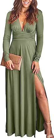 ANRABESS Women's Deep V Neck Short Sleeve Long Dresses Pleated High Waist Slit Club Party Evening Maxi Dress
