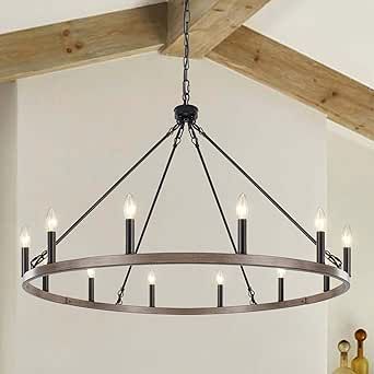 38 Inch Farmhouse Chandelier 12-Light Black Wagon Wheel Chandelier Outdoor Chandelier Round Living Room Dining Room Chandelier Entryway Pendant Chandelier Metal Chandeliers Foyer Light Fixture