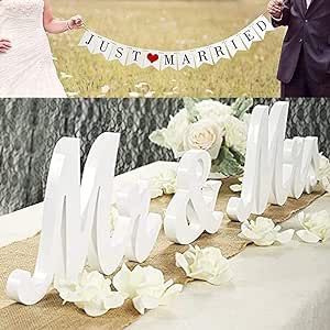 VIOPVERY Large White Mr & Mrs Sign for Wedding Table with Just Married Banner - Wooden Letter Decorations for Anniversary