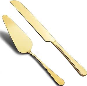 Cake Cutting Set for Wedding - Elegant Knife and Server Set with Stainless Steel Rounded Edges, Cutter Pie Spatula Birthday Anniversary Easter Wedding Mother's Day Gift of 2, Gold
