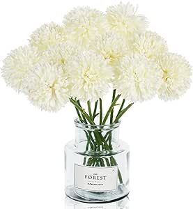 Tinsow 12 Pcs Artificial Flowers Faux Ball Chrysanthemum Bouquet Silk White Flowers Bridal Wedding Bouquet for Home Garden Party Wedding Decoration (White, 12)