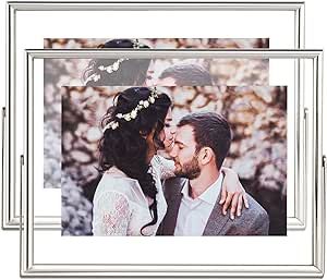 4x6 Floating Picture Frames Set of 2, Made of Metal and Real Glass, for Photo Size up to 6x8, Tabletop Display Home or Wedding Decoration (Horizontal Silver)