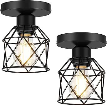 FadimiKoo 2-Pack Semi Flush Mount Ceiling Light with LED Bulb, Farmhouse Hallway Light Fixtures Ceiling Mount, Black Retro Metal Cage Indoor Ceiling Lamp for Kitchen Bedroom Entryway