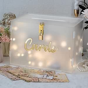 OurWarm Frosted Acrylic Wedding Card Box with Lock, Gift Card Box for Wedding Reception with String Light, Envelope Money Card Box for Party Birthday Graduation Baby Shower Wedding Decorations
