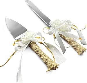 2 Pcs Wedding Cake Knife and Server Set Wedding Cake Toppers Rustic Style Cake Cutting Set for Wedding with Burlap Flower Design (Flower)