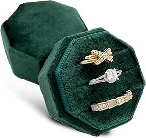 Velvet Ring Box for Wedding Ceremony, 3 Slots Octagon Jewelry Ring Case Display Holder with Detachable Lid for Proposal Engagement Gift