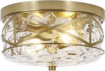 Krychiler Flush Mount Lighting Fixture Farmhouse Ceiling Light Fixture with Bubble Glass Shade for Kitchen, Bedroom, Living Room, Home Office, Hallway (Gold Shade)