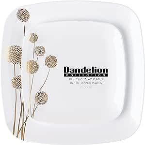 PLASTICPRO Square 64 Piece Combo Plates Set includes 32 x 7'' inch Salad Plates & 32 x 10'' inch Dinner Plates White Plastic with Gold Dandelion Design Party Plates, Premium heavyweight