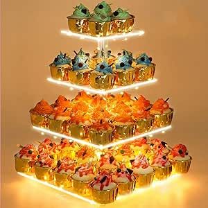 YestBuy 4 Tier Cupcake Stand Acrylic Tower Display with LED Light Premium Holder Dessert Tree Tower for Birthday Cady Bar Decor Weddings, Parties Events (Yellow Light)