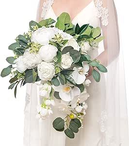 Ling's Moment White Cascading Bridal Bouquet, 11 Inch Wedding Bouquets for Bride, Bridal Bouquets for Wedding, Ceremony, Anniversary, etc.