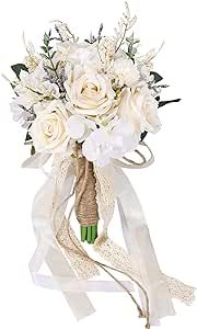 CEWOR Wedding Bouquets for Bride Bridesmaid, White Champagne Artificial Roses Flowers Wedding Decoration (7.5in)