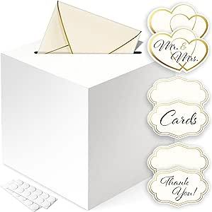 White Wedding Card Box - Cards Stickers & Large Box Slot, Gift Card Box for Wedding Cards At Reception, Birthday, Baby Shower, Graduation Box Party, Raffle, Money Boxes Holder - 8x8