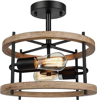 Lakumu 2-Light Rustic Wood Semi Flush Mount Ceiling Light, Vintage Industrial Farmhouse Lamp for Hallway, Bedroom