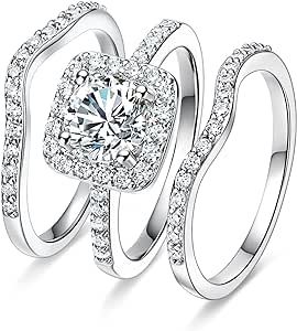 MDFUN 18K White Gold Plated Cubic Zirconia Three-in-One Halo Wedding Engagement Promise Eternity Ring for Women