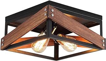 Rustic Industrial Flush Mount Light Fixture Two-Light Metal and Wood Square Flush Mount Ceiling Light for Hallway Living Room Bedroom Kitchen Entryway Farmhouse, Black