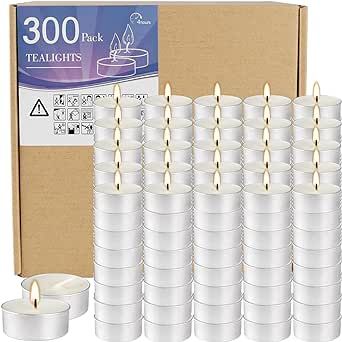 Tealight Candles - 4 Hours - Giant 300 Bulk Packs - White Unscented Smokeless Tea Lights for Shabbat, Weddings, Christmas, Home Decorative - 300 Pack