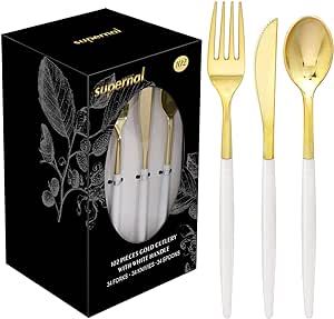 Supernal 102pcs Gold Plastic Cutlery, Durable Plastic silverware,Disposable Cutlerty with White Handle,Include 34 Forks,34 Knvies,34 Spoons, Suit for Wedding,Birthday,Party