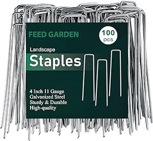 FEED GARDEN 4 Inch 50 Pack Galvanized Landscape Staples 11 Gauge Anti-Rust Garden Stakes Landscaping Fabric SOD Pins Yard Stakes for Weed Barrier Fabric