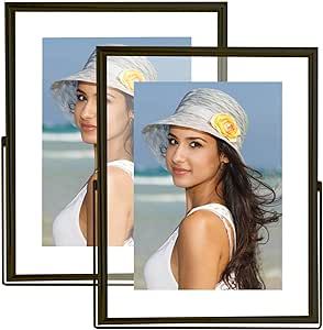 5x7 Floating Picture Frames Set of 2, Made of Metal and Real Glass, for Photo Size up to 7x9, Tabletop Display Home or Wedding Decoration (Vertical Black)