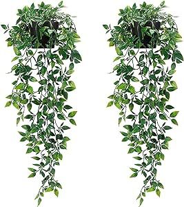 Artificial Hanging Plants, 2pcs artificial plants indoors in pots, Greenery Fake Plants Decor, Small Artificial Plants in Pots, Fake Potted Plants, Faux Plants for Wall Home Room Office Decor