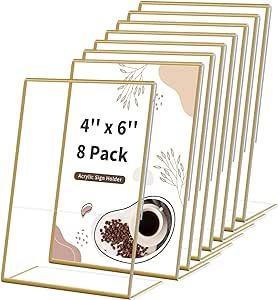 Smarpau 8 Pack Gold Acrylic Sign Holder 4x6 Gold Picture Frames Double Sided Acrylic Sign Holder with Gold Table Menu Holders for Wedding Party Photos Art Display