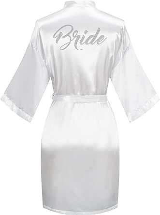 sunshinemall Women's Satin Kimono Robes with Rhinestones Bride Bridesmaid Short Getting Ready Wedding Dressing Gown