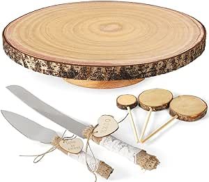 Wood Cake Stand- /w Wooden Slice Cake Topper and Cake Cutting Set, 12” Rustic Wedding Cake Stand, Wooden Cake Stand for Wedding Receptions or Any Special Events