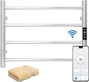 Smart WiFi Towel Warmer Wall Mounted with Built-in Timer and Temperature Adjust Control, 4 Bars Electric Stainless Steel Heated Towel Racks for Bathroom Polish Chrome