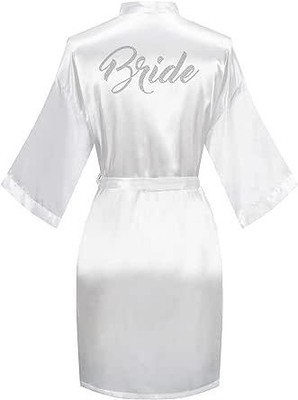 Women's Satin Robe Short Kimono for Bride & Bridesmaid with Silver Rhinestones, Wedding Party Robes