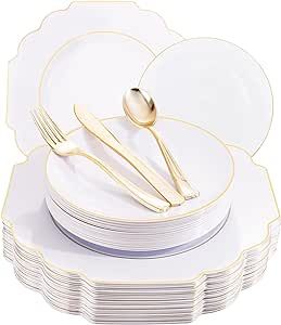 Supernal 150pcs Gold Plastic Dinnerware include White and Gold Plastic Plates with Square Platic Plates Gold Round White Plastic Plates Gold Plastic Silverware Perfect for Birthday,Party,Wedding