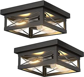 Aolloa Industrial Black Flush Mount Ceiling Light, Farmhouse 2-Light Square Light Fixtures, Modern Ceiling Lighting for Hallway, Kitchen, Bedroom (2 Pack, Bulbs Not Included)