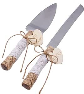 Wedding Cake Knife and Server Set Rustic Style Stainless Steel Cake Cutter Set with Twine Lace and Wood Tag Gifts for Bride and Groom Wedding Anniversaries Parties