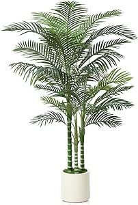 Artificial Palm Tree, 6FT Fake Tree for Indoor,Faux Golden Cane Palm Tree with White Planter and Fake Moss, Fake Tropical Plant for Home Decor Office Porch
