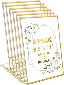 MaxGear 8.5 x 11 Gold Acrylic Sign Holder 6 Pack Gold Picture Frames, Acrylic Gold Frame, Weddings Table Numbers, Slant Back Table Sign Holders Menu Holders Plastic Display Stand for Restuarant, Store