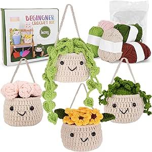 Crochet Kit | Crochet Kit for Beginners | Beginner Crochet & Knitting Kit with Step by Step Video Lessons | 4 PC Cute Potted Plants Crochet Kit with Complete Crochet Accessories(40%+ Yarn)